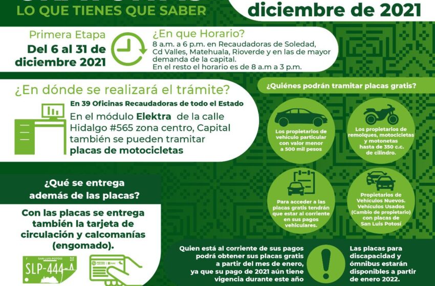  El 6 diciembre inician placas gratuitas