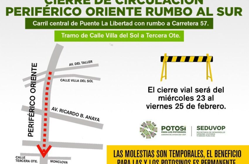  Cierre en carril central de  periférico oriente hacia el sur