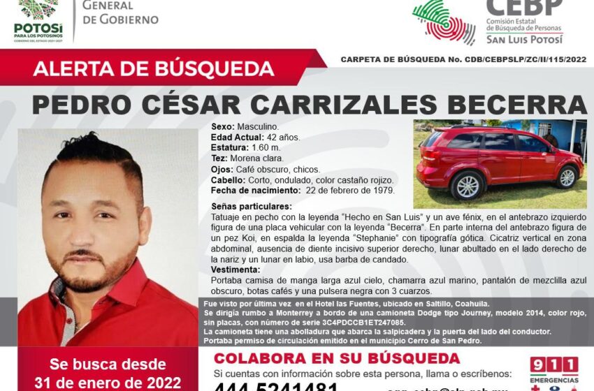  Coadyuba SLP a buscar a Pedro Carrizales