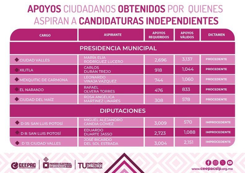  Cinco aspirantes a candidaturas independientes podrán registrase en SLP