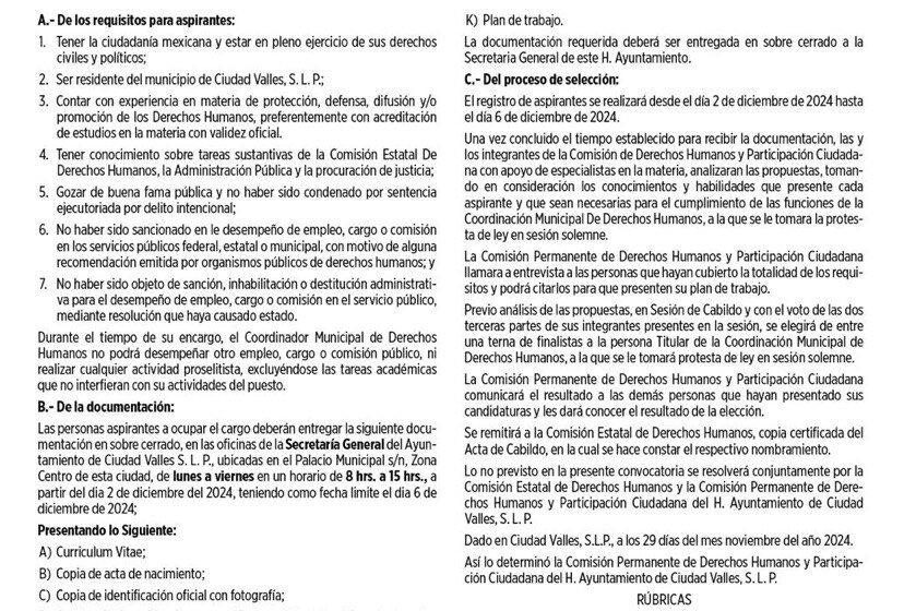  Convocatoria para la Coordinación Municipal de Derechos Humanos 2024-2027 en Ciudad Valles