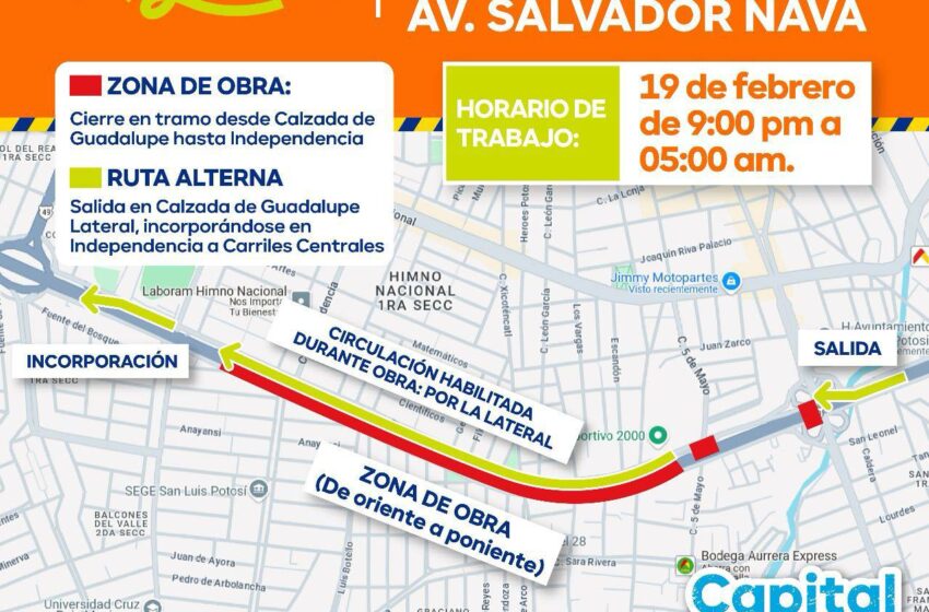  Cierres nocturnos en Salvador Nava por rehabilitación vial este miércoles